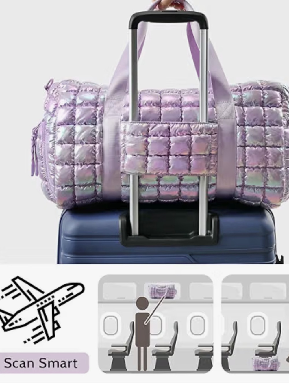 NWOT FODOKO iridescent Lilac puffer Duffel Bag with Shoe Compartment. - Picture 6 of 7